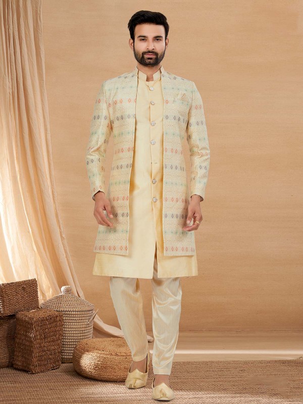 Cream Art Silk Indo Western Readymade Indo Western Sherwani